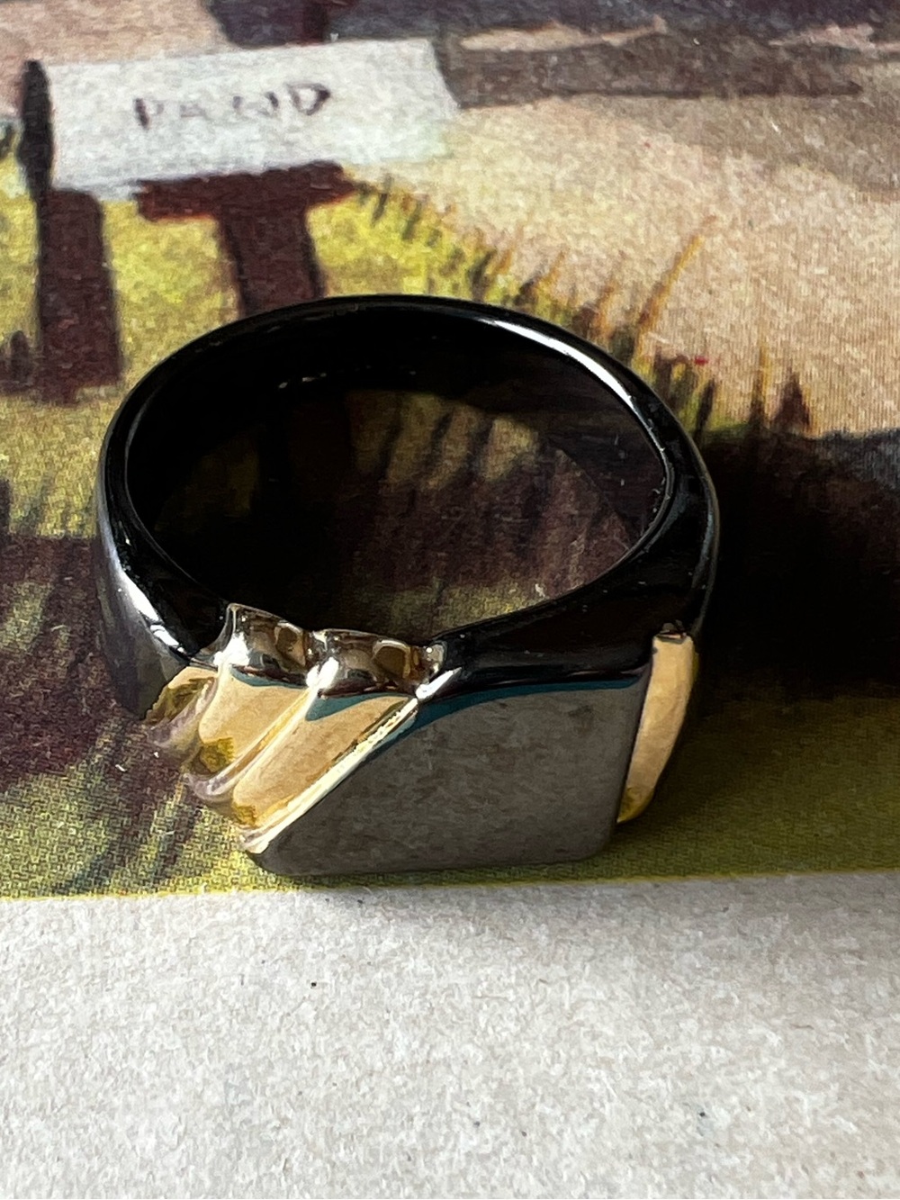 Mens Ring Size 8.5 Two Tone Gunmetal Gold Signet Ring #8510